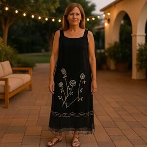 Vintage August Max Woman 100% Silk Black Floral Maxi Dress 24W Lined